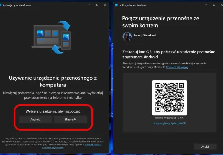 Aplikacja "Łącze z telefonem" pozwala na połączenie telefonu z komputerem. Wybierz Android lub iPhone, aby rozpocząć.