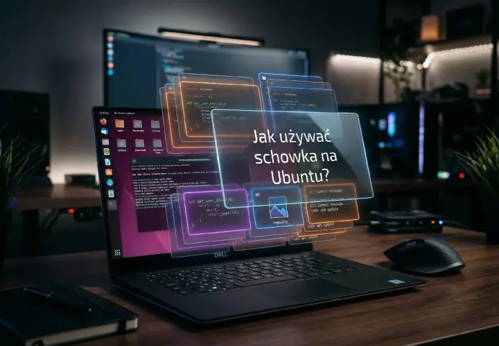 Na ekranie laptopa z Ubuntu wyświetla się pytanie: "Jak używać schowka?". Wirtualne okna z kodem i ikonami unoszą się nad klawiaturą.