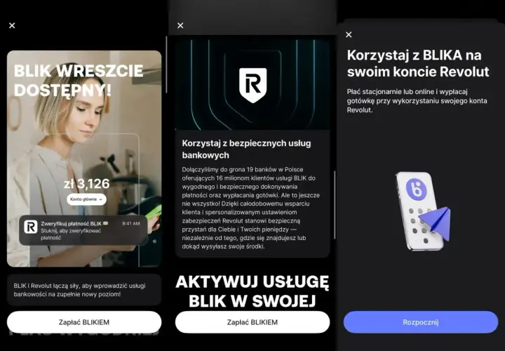 Aplikacja Revolut informuje o dostępności BLIKA, umożliwiając bezpieczne płatności i wypłaty gotówki.