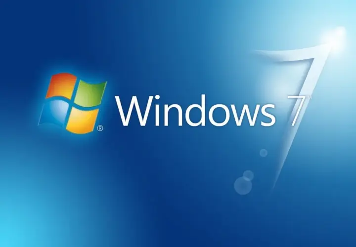 Logo Windows 7 na niebieskim tle. Klasyczny wygląd systemu, który wielu wspomina z sentymentem.