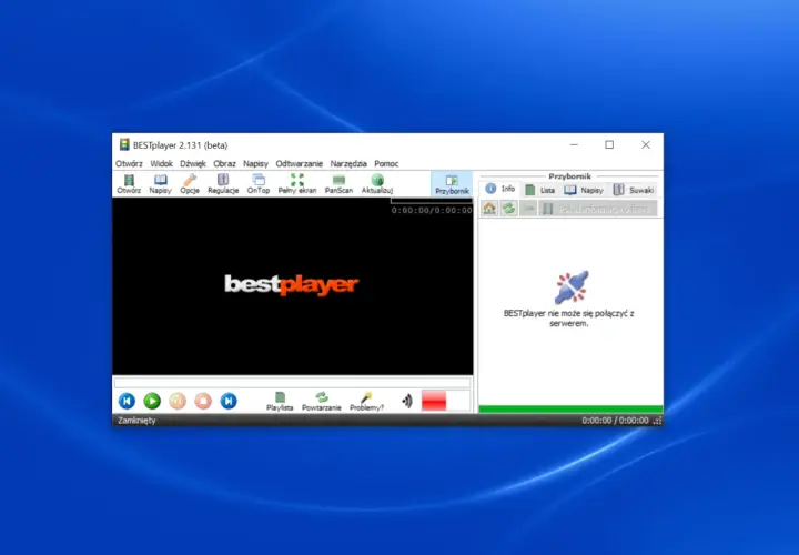 Ekran odtwarzacza BESTplayer z logo i komunikatem o braku połączenia z serwerem.
