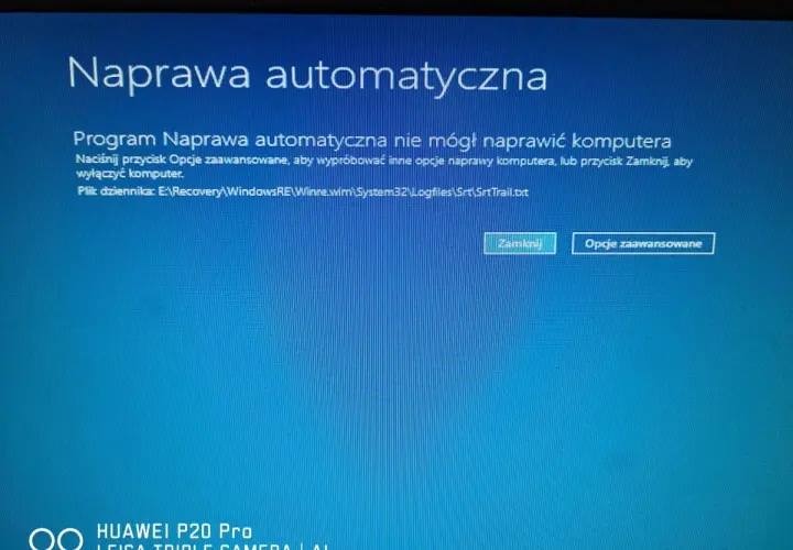 Ekran błędu "Naprawa automatyczna" w Windows 10. Program nie mógł naprawić komputera, sugeruje opcje zaawansowane lub zamknięcie.