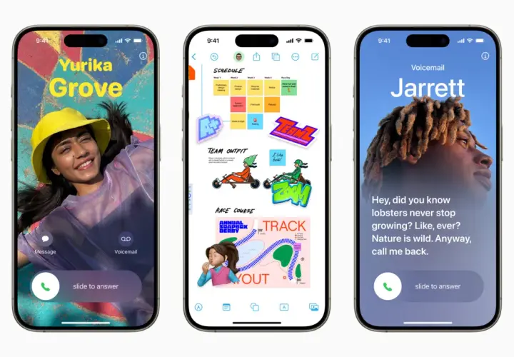 Trzy ekrany iPhone'a z iOS 17: kontakt Yurika Grove, notatki z harmonogramem i strój drużynowy, oraz poczta głosowa od Jarretta.