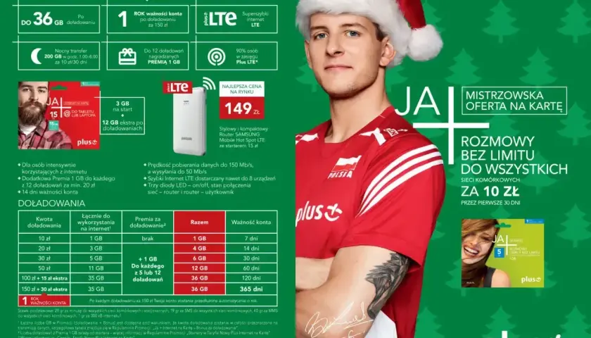 Plus oferuje internet na kartę z 36 GB na start i roczną ważnością konta po doładowaniu za 150 zł. Dodatkowo, elastyczna oferta na kartę zapewnia nielimitowane rozmowy za 10 zł przez pierwsze 30 dni.