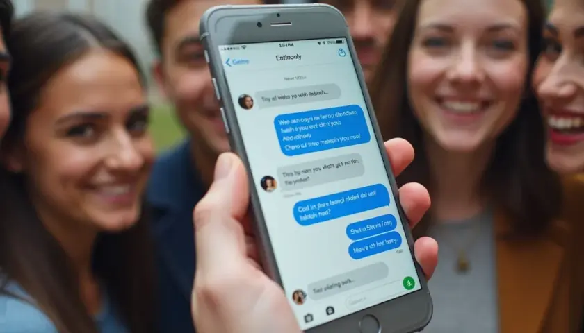 Grupa przyjaciół śmieje się, gdy jeden z nich pokazuje telefon z rozmową. Dowiedz się, jak zrobić ankietę na Messengerze, by zorganizować wspólne wyjście.