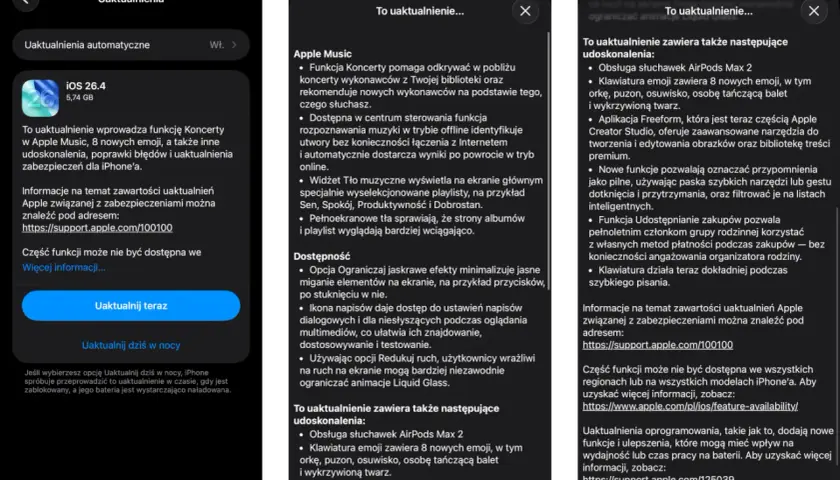 Aktualizacja iOS 26.4 wprowadza funkcję Koncerty w Apple Music, nowe emoji i poprawki.
