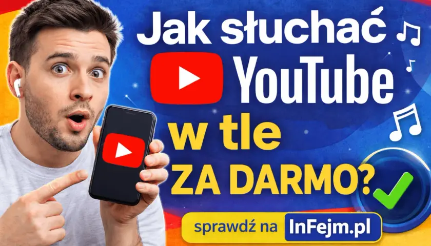 Chłopak z zaskoczoną miną pokazuje telefon z logo YouTube. Dowiedz się, jak słuchać YouTube w tle za darmo!