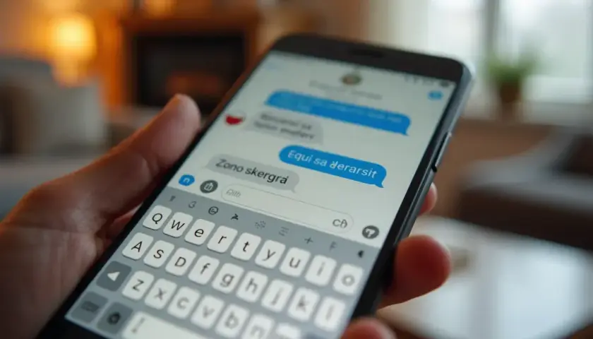 Dłoń trzyma smartfon z otwartą aplikacją SMS. Na ekranie widać okno czatu, a pod nim klawiaturę. To dobry przykład, jak ustawić polskie znaki w SMS.