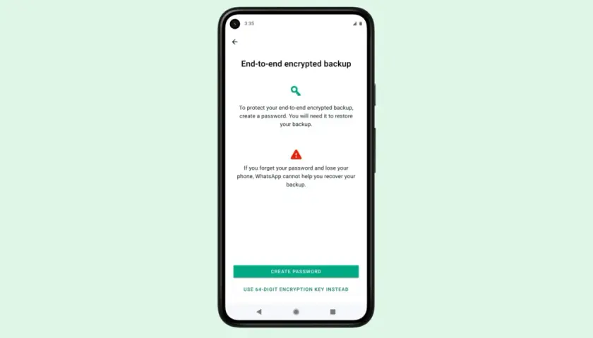 Ekran telefonu z opcją tworzenia hasła do szyfrowanej kopii zapasowej WhatsApp. Pamiętaj, by nie zgubić hasła!