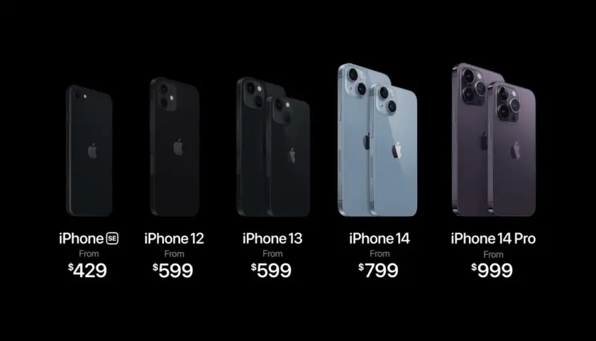 Linia iPhone'ów od SE do 14 Pro, z cenami. Premiera iPhone 14 w kolorze niebieskim i fioletowym.