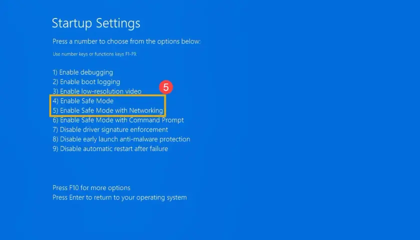 Ekran ustawień startowych Windows 11. Wybierz opcję 4, aby włączyć tryb awaryjny.