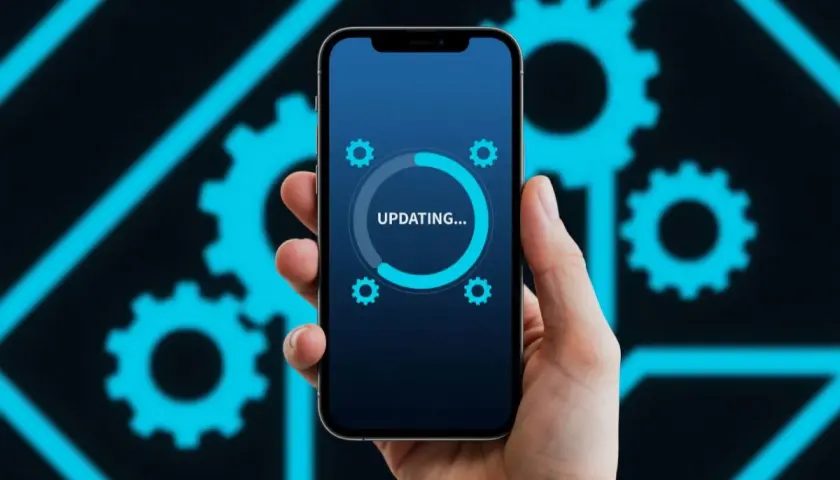 Dłoń trzyma smartfon z ekranem pokazującym proces "UPDATING...", co ilustruje, jak zaktualizować aplikacje.