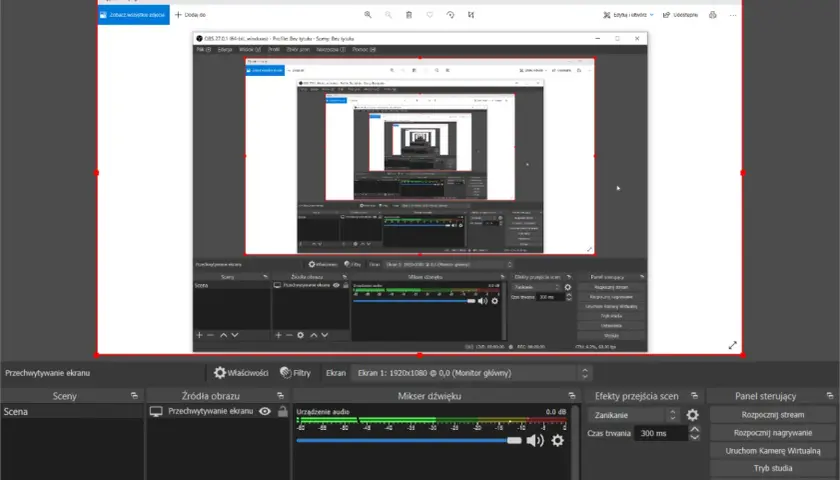 Nagrywanie ekranu w OBS Studio. Widok okna programu z podglądem nagrania, mikserem dźwięku i panelem sterowania.