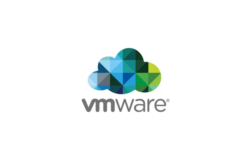 Logo VMware: kolorowa chmura złożona z geometrycznych kształtów i nazwa firmy.