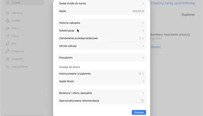 Kliknij "Subskrypcje", aby dowiedzieć się, jak anulować subskrypcję. Widok pokazuje menu z opcjami konta.