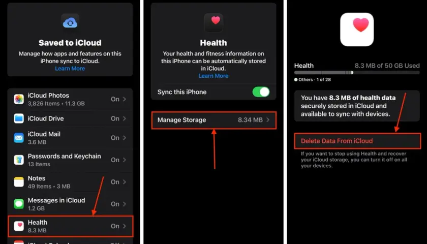 Jak usunąć aplikacje z iPhone: przejdź do Ustawienia > [Twoje imię] > iCloud > Zarządzaj przechowywaniem > Zdrowie > Usuń dane z iCloud.