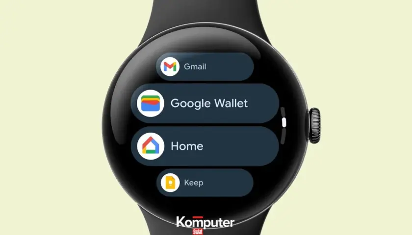 Zegarek z Wear OS pokazuje menu z aplikacjami: Gmail, Google Wallet, Home i Keep.
