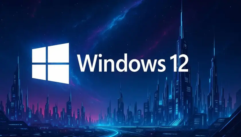 Futurystyczne miasto nocą, oświetlone neonami, z logo Windows 12 na tle kosmicznego nieba.