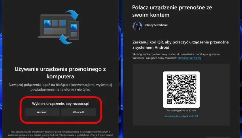 Aplikacja "Łącze z telefonem" pozwala na połączenie telefonu z komputerem. Wybierz Android lub iPhone, aby rozpocząć.