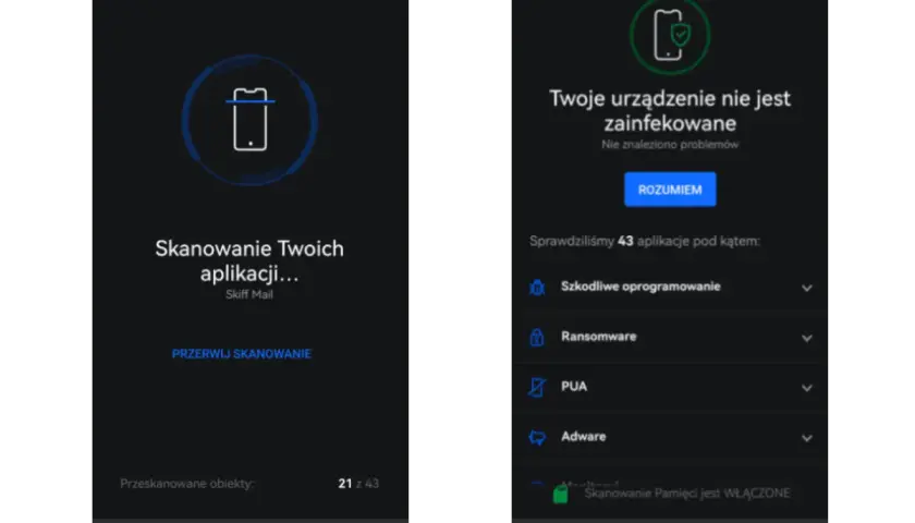 Skanowanie telefonu w poszukiwaniu wirusów zakończone. Twoje urządzenie jest czyste. Dowiedz się, jak usunąć wirusy z telefonu, jeśli skaner coś wykryje.