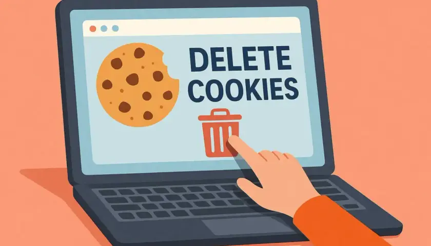 Ręka klika ikonę kosza na śmieci na ekranie laptopa, obok ciasteczka i napisu "DELETE COOKIES". Dowiedz się, jak wyczyścić pliki cookies.