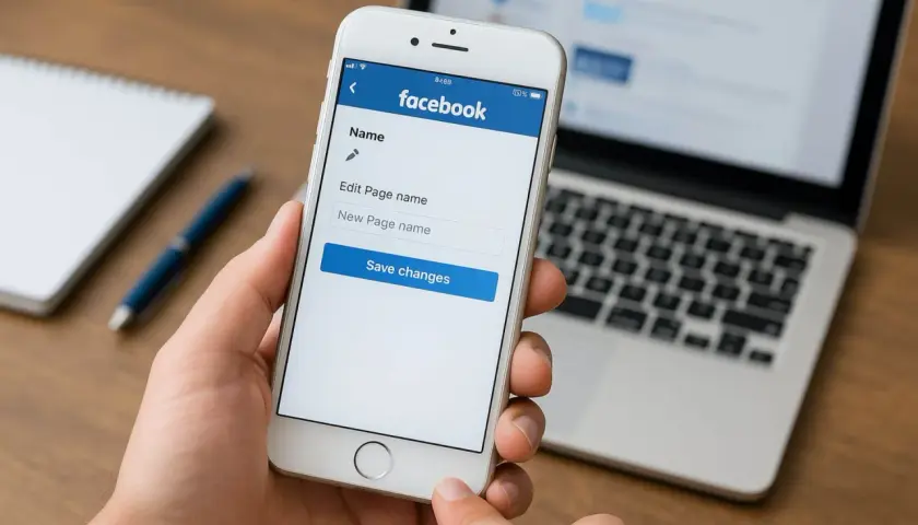 Telefon pokazuje ekran edycji nazwy strony na Facebooku. Dowiedz się, jak zmienić nazwę strony na FB, wpisując nową i zapisując zmiany.