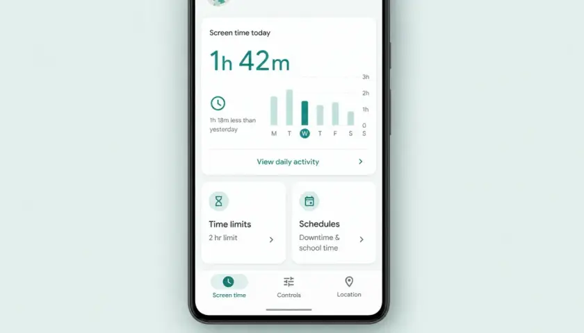 Ekran telefonu z podsumowaniem czasu ekranowego i opcjami kontroli rodzicielskiej Android: limity czasowe, harmonogramy.