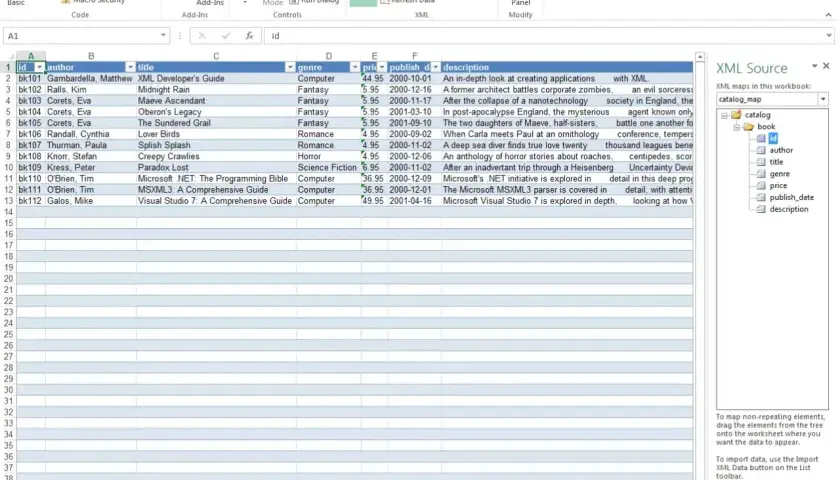 Arkusz kalkulacyjny z danymi książek, obok panel XML Source, pokazujący strukturę pliku XML.