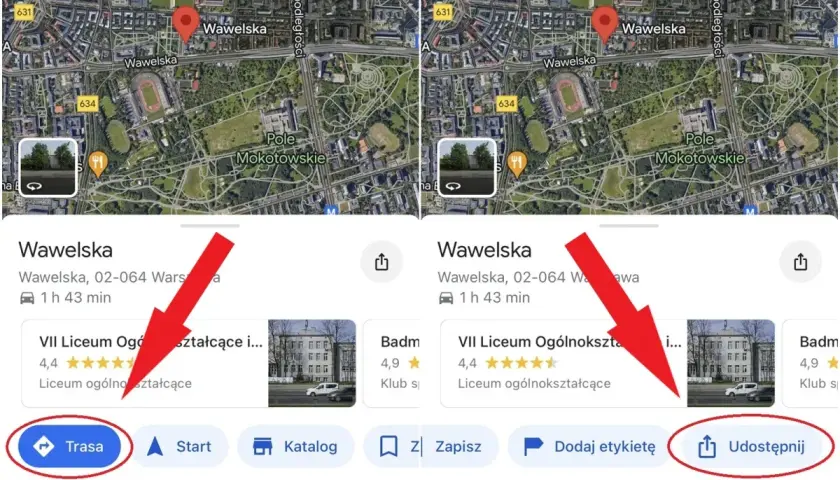 Czerwona pinezka na mapie Google wskazuje lokalizację Wawelska. Obok przycisk "Trasa" i "Udostępnij".
