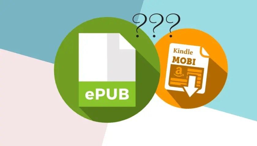 Dylemat: ePub czy MOBI dla Kindle? Ikony symbolizują formaty plików, a znaki zapytania sugerują wybór.