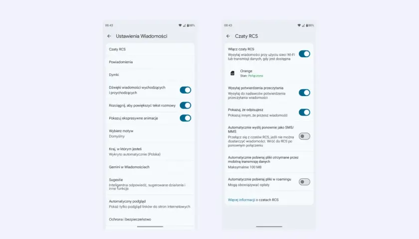 Jak wyłączyć czat RCS? Na ekranie telefonu w ustawieniach wiadomości znajdź opcję "Czaty RCS" i wyłącz ją.
