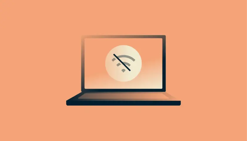 Laptop z symbolem przekreślonego Wi-Fi. Brak internetu uniemożliwia pracę.