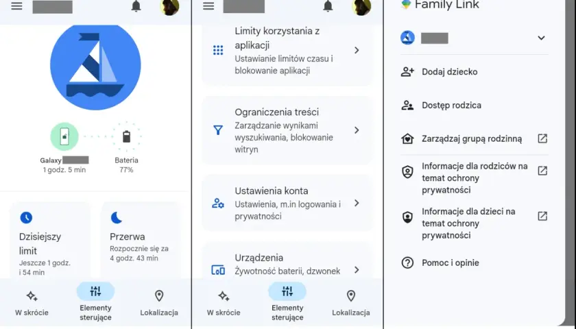 Ekran Family Link. Widzimy opcje jak "Limity korzystania z aplikacji", "Ograniczenia treści", "Ustawienia konta" i "Urządzenia". To pomoże Ci dowiedzieć się, jak wyłączyć kontrolę rodzicielską.