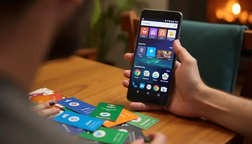 Ręka trzyma smartfon z ikoną Google Play. Na stole leżą karty doładowanie Google Play.