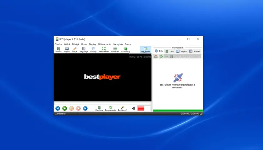 Ekran odtwarzacza BESTplayer z logo i komunikatem o braku połączenia z serwerem.