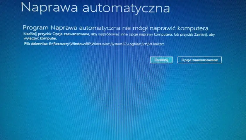 Ekran błędu "Naprawa automatyczna" w Windows 10. Program nie mógł naprawić komputera, sugeruje opcje zaawansowane lub zamknięcie.