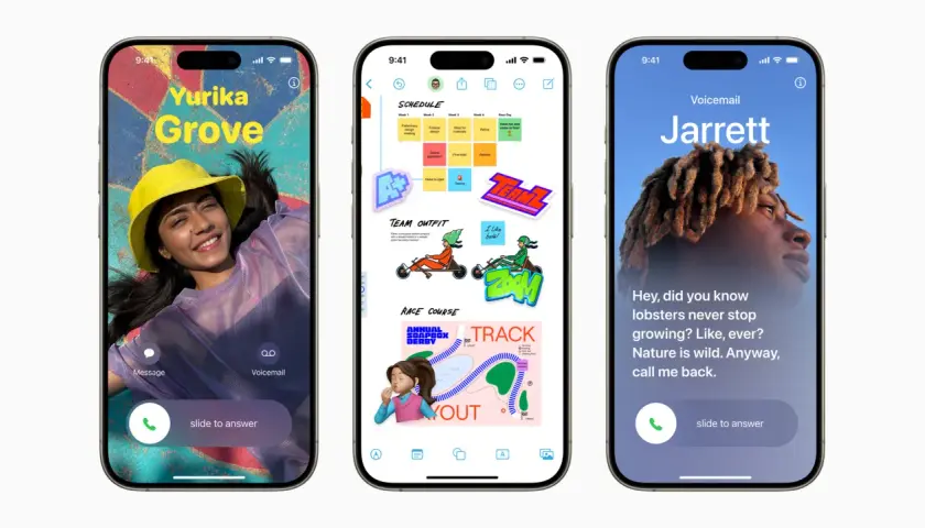 Trzy ekrany iPhone'a z iOS 17: kontakt Yurika Grove, notatki z harmonogramem i strój drużynowy, oraz poczta głosowa od Jarretta.