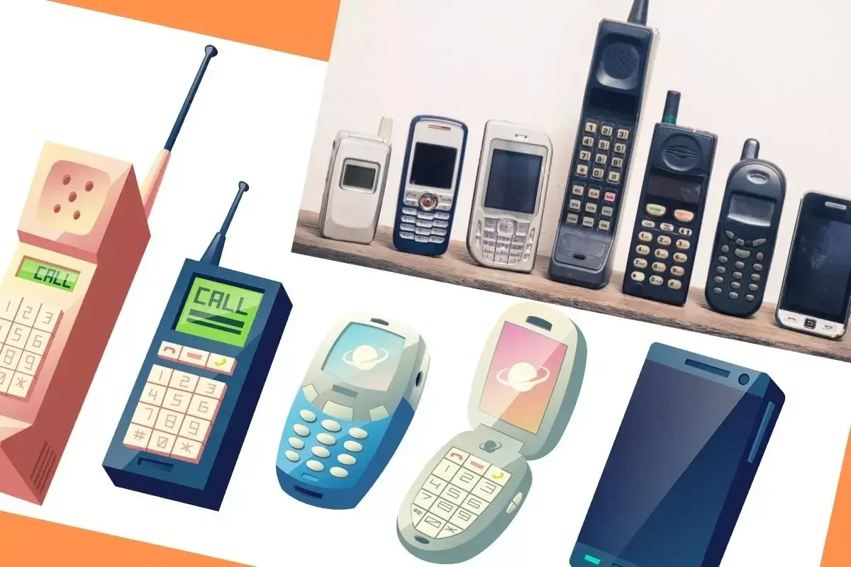 Ewolucja od pierwszego telefonu komórkowego do smartfona. Kolekcja starych i nowych modeli telefonów.