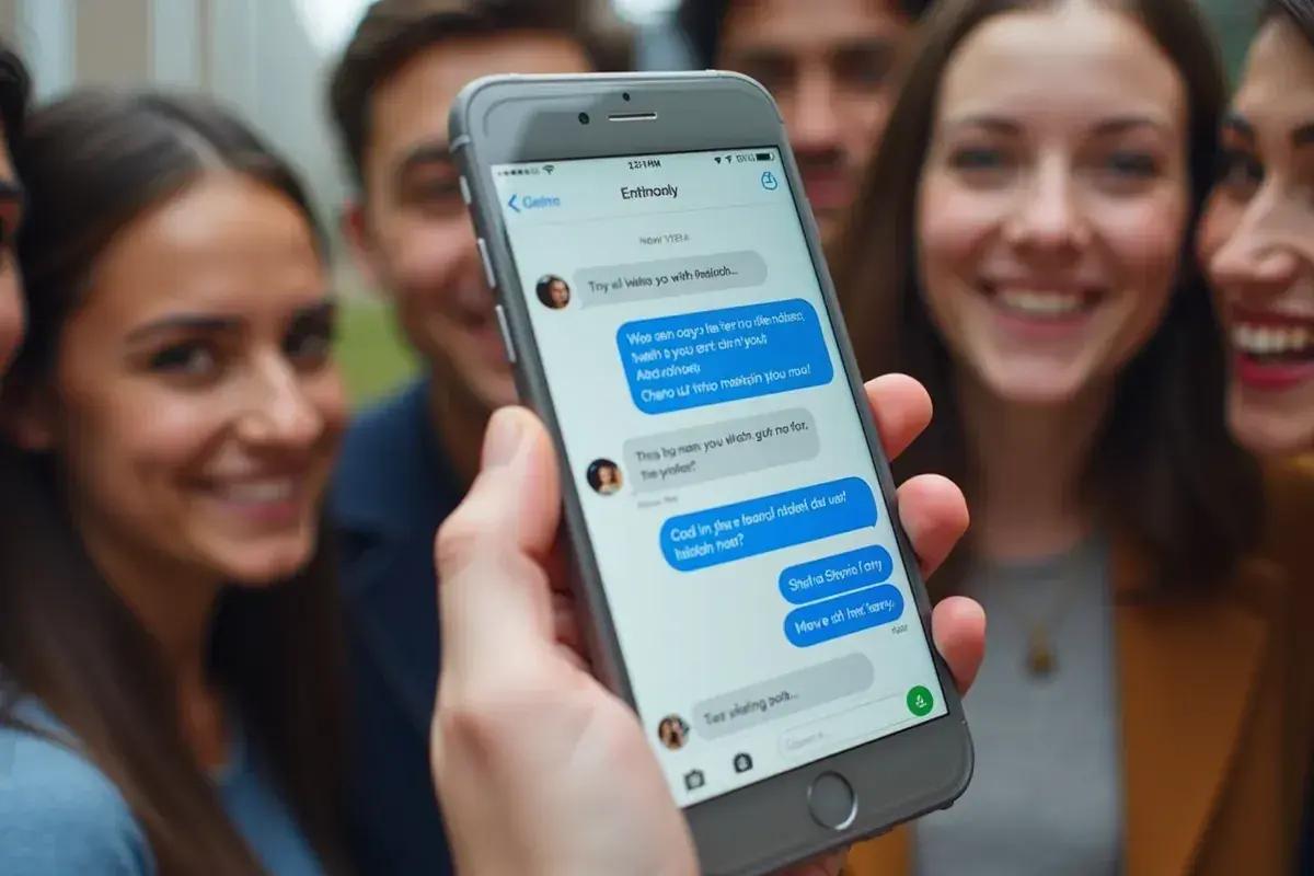 Grupa przyjaciół śmieje się, gdy jeden z nich pokazuje telefon z rozmową. Dowiedz się, jak zrobić ankietę na Messengerze, by zorganizować wspólne wyjście.