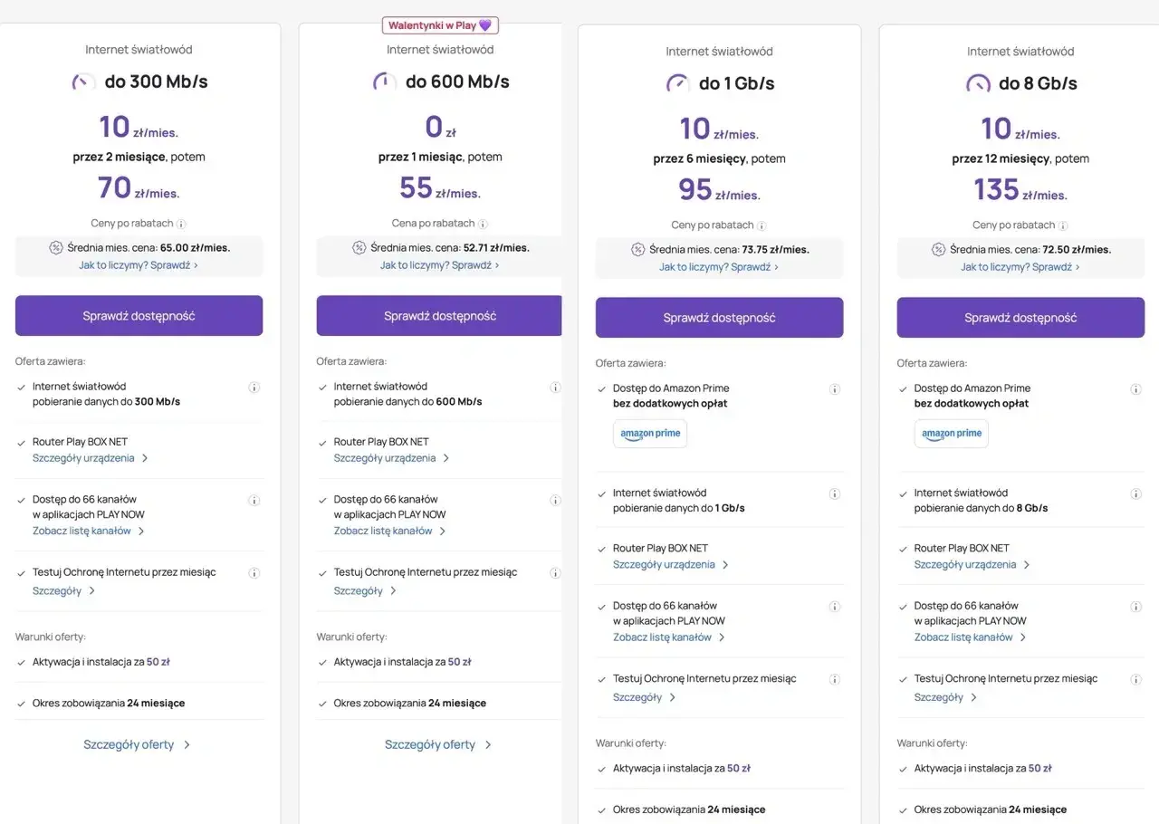 Oferty światłowód plus: do 300 Mb/s za 10 zł/mies., do 600 Mb/s za 0 zł/mies., do 1 Gb/s za 10 zł/mies., do 8 Gb/s za 10 zł/mies.
