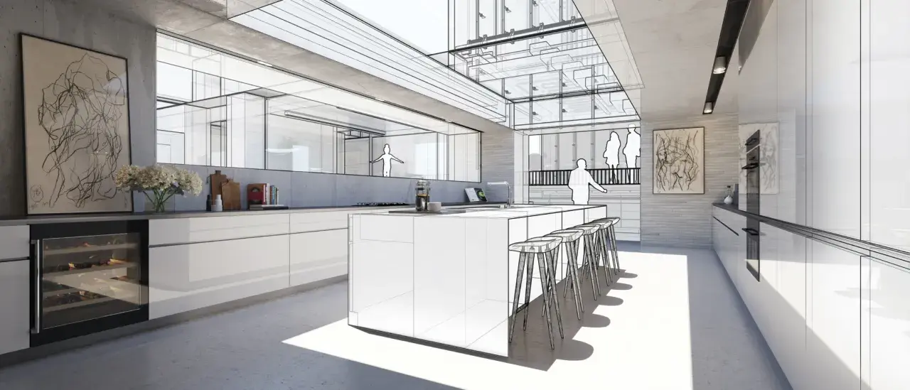 Nowoczesna kuchnia w trakcie tworzenia w programie do projektowania. Widoczne szkice architektoniczne i gotowe elementy.