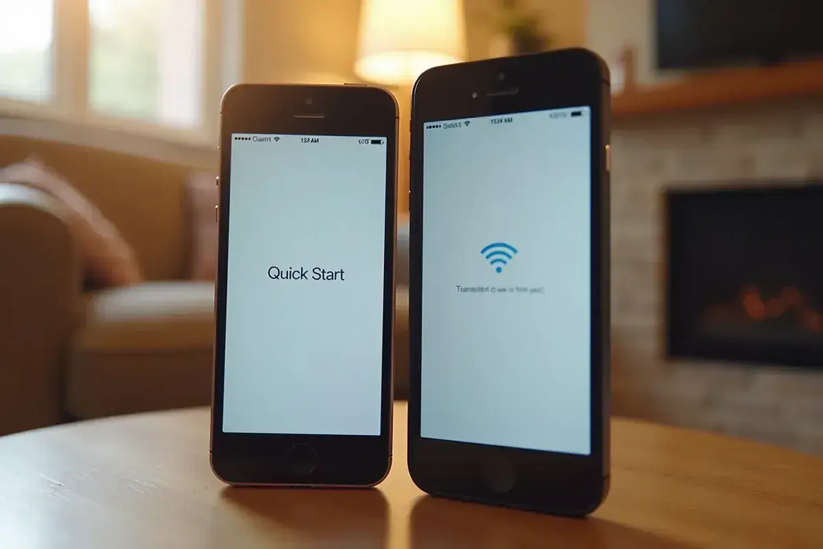 Dwa iPhone'y obok siebie, jeden z napisem "Quick Start", drugi z ikoną Wi-Fi. Pokazują, jak przenieść dane z iPhone na iPhone.