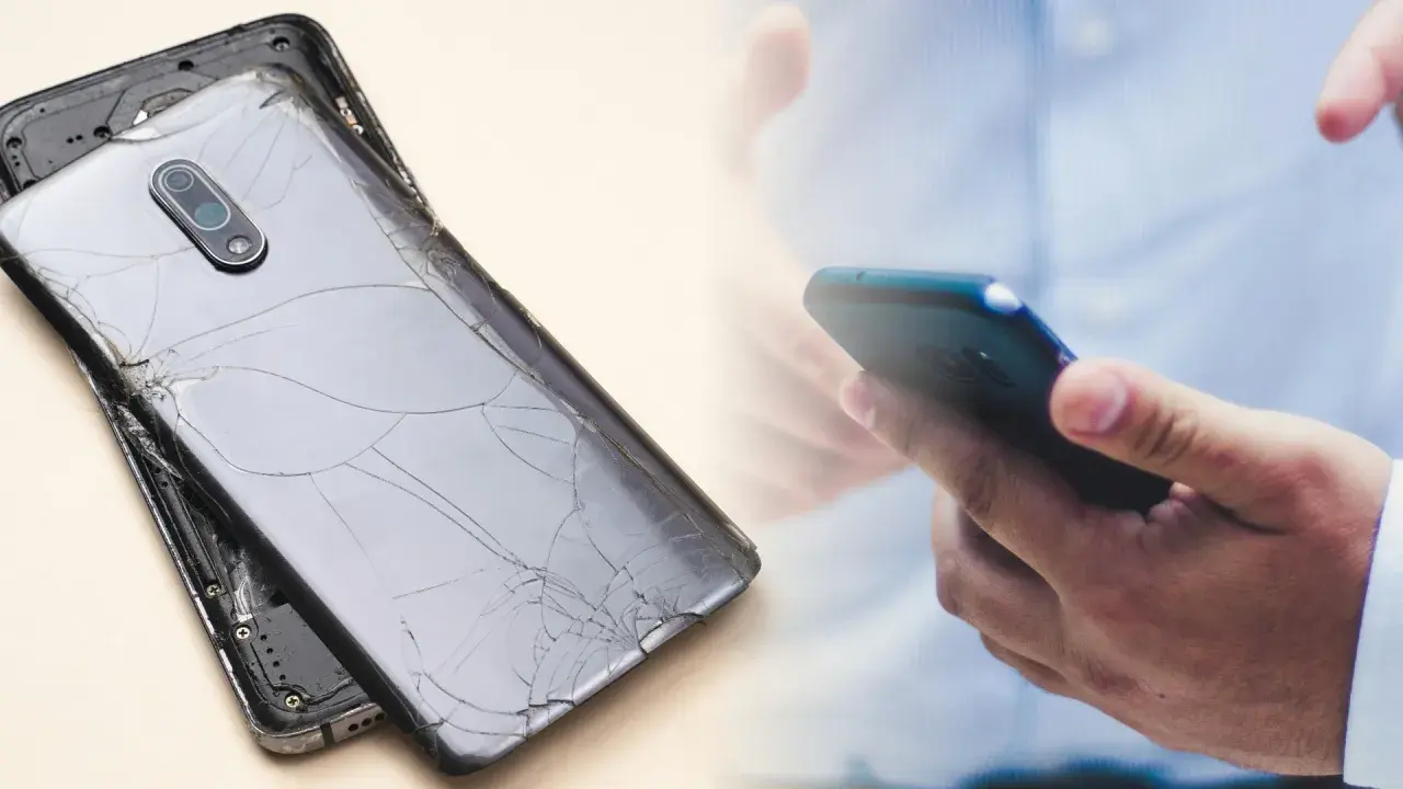 Rozbite plecy telefonu obok dłoni trzymającej sprawny smartfon. Ubezpieczenie telefonu to spokój ducha.