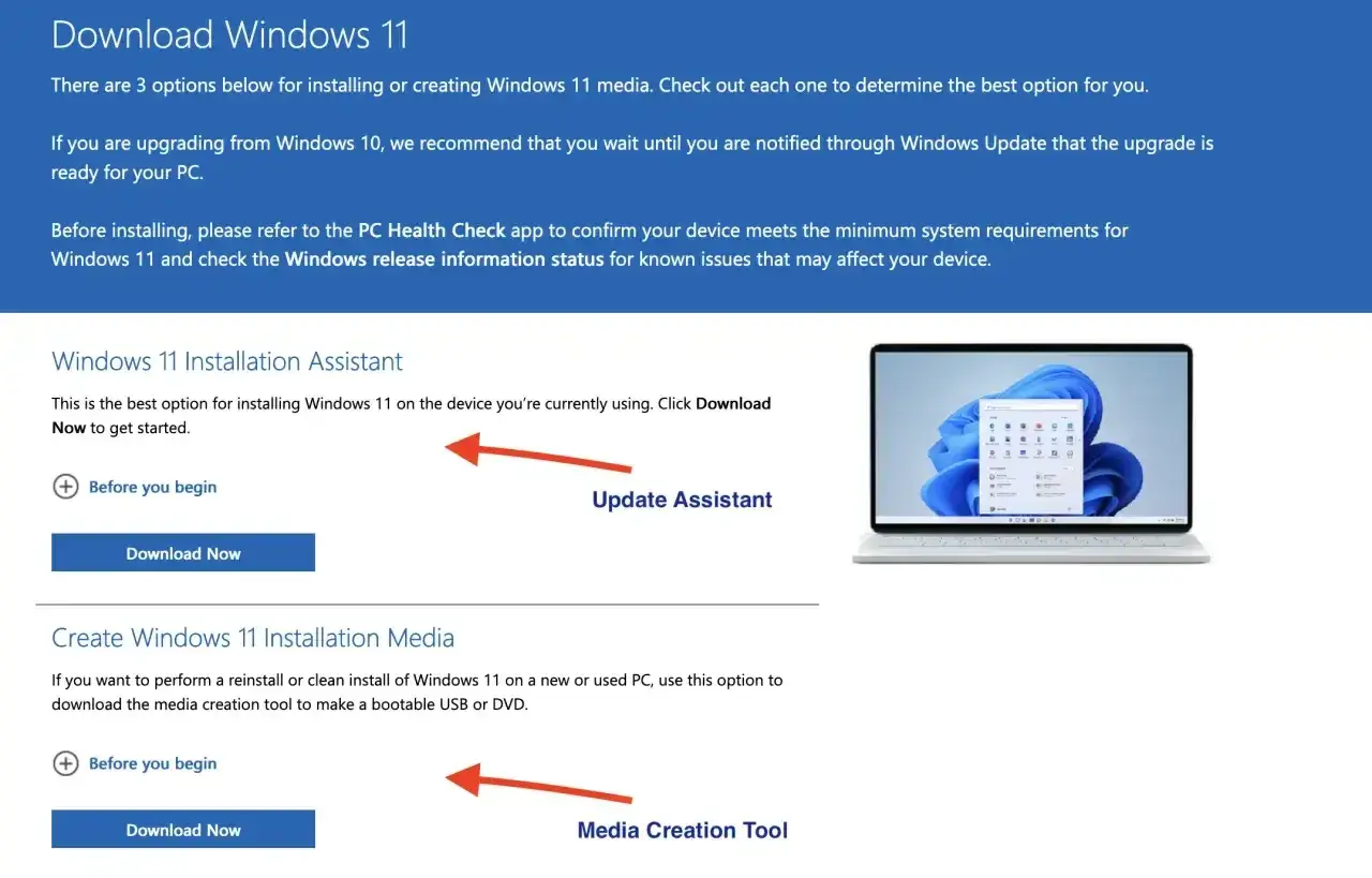Asystent instalacji Windows 11 ułatwia aktualizację systemu. Możesz też pobrać narzędzie do tworzenia nośnika instalacyjnego.