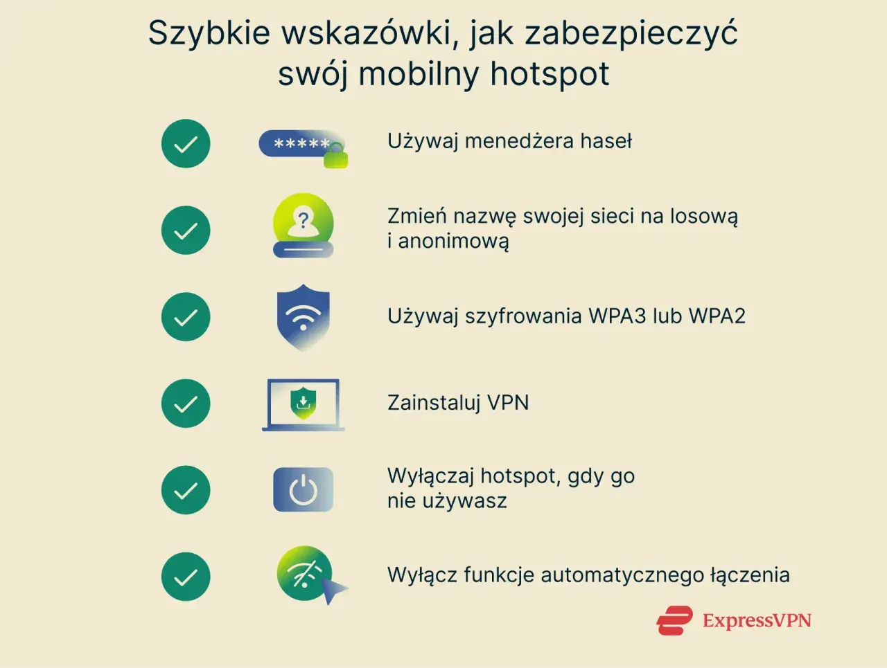 Zabezpiecz swój mobilny hotspot: używaj menedżera haseł, zmieniaj nazwę sieci, szyfruj WPA3/WPA2, instaluj VPN, wyłączaj, gdy nieużywany, i wyłączaj automatyczne łączenie.