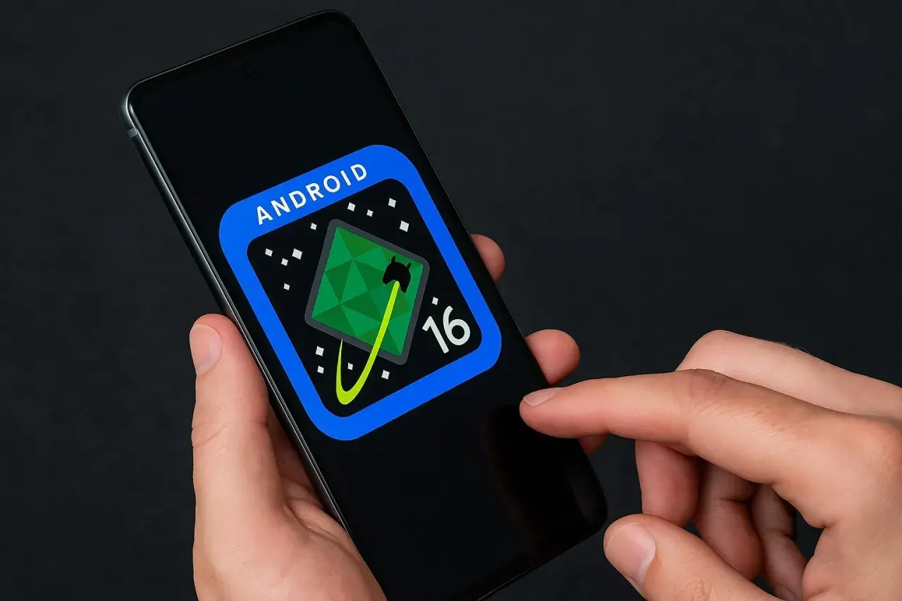 Na ekranie smartfona widnieje logo Android 16, sugerujące jaki jest najnowszy android.