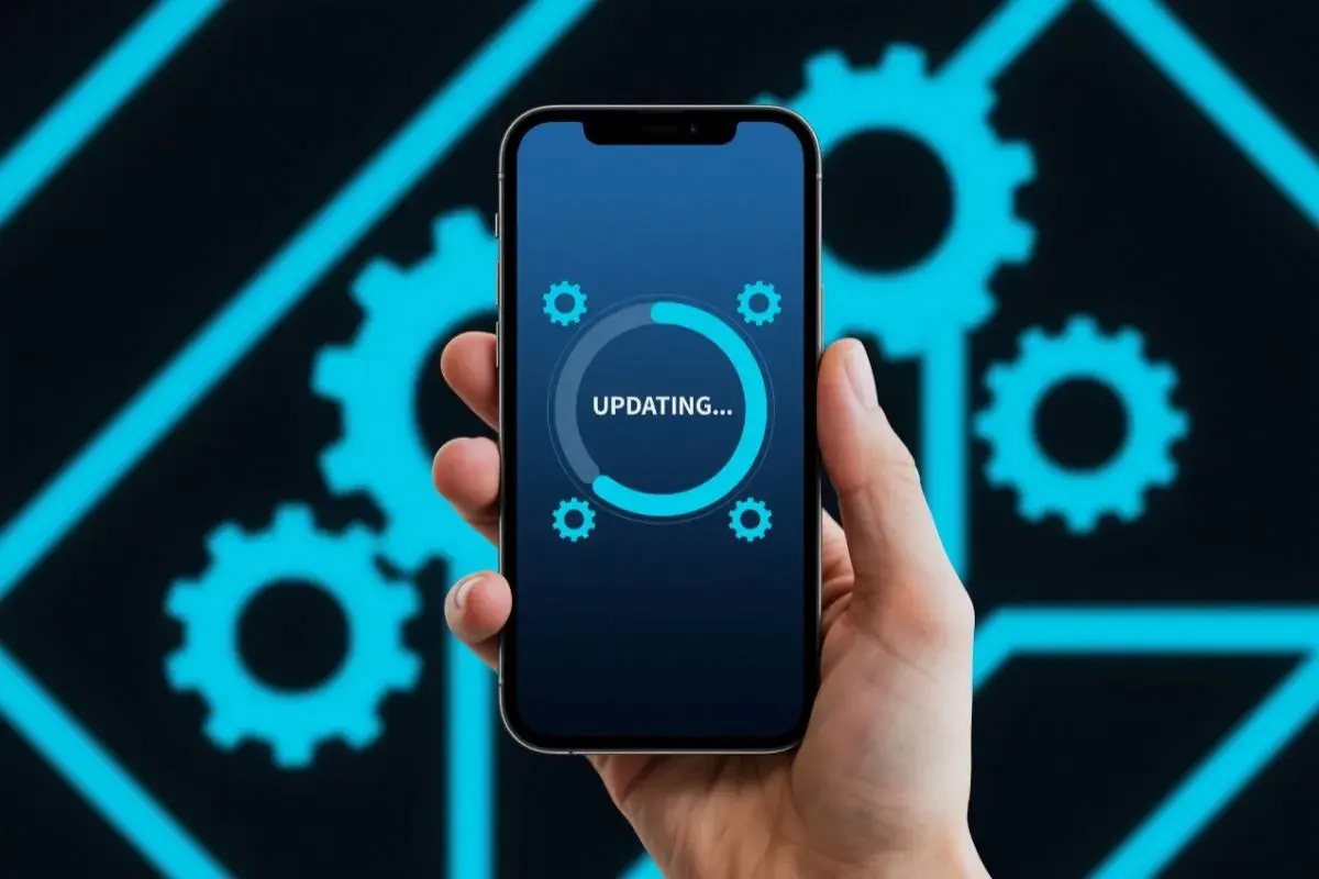 Dłoń trzyma smartfon z ekranem pokazującym proces "UPDATING...", co ilustruje, jak zaktualizować aplikacje.