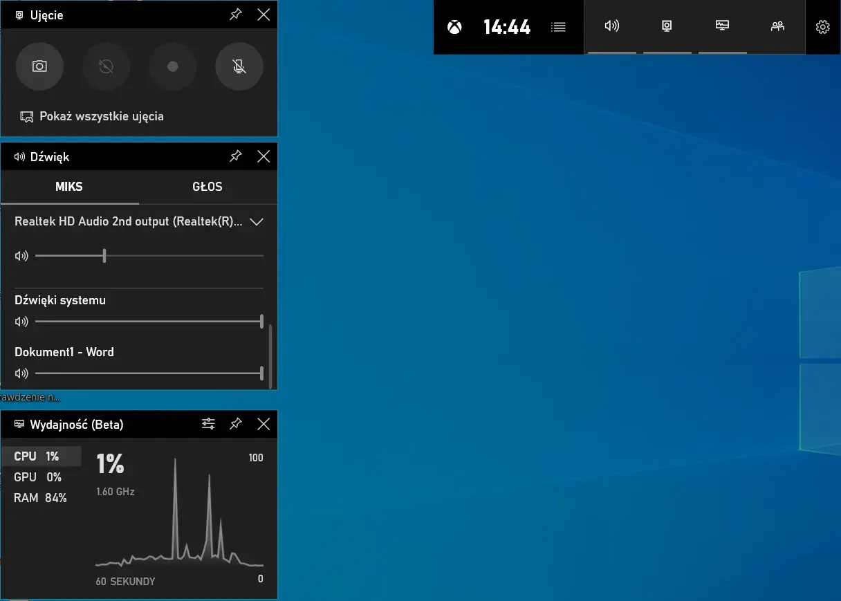 Zrzut ekranu Windows 10 z widocznymi panelami Ujęcie, Dźwięk i Wydajność (Beta).
