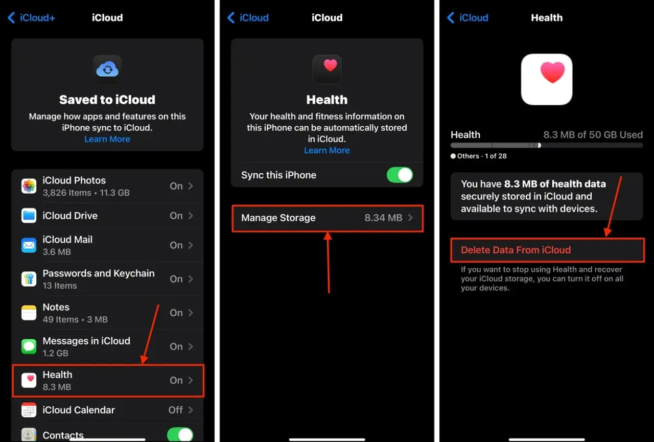 Jak usunąć aplikacje z iPhone: przejdź do Ustawienia > [Twoje imię] > iCloud > Zarządzaj przechowywaniem > Zdrowie > Usuń dane z iCloud.