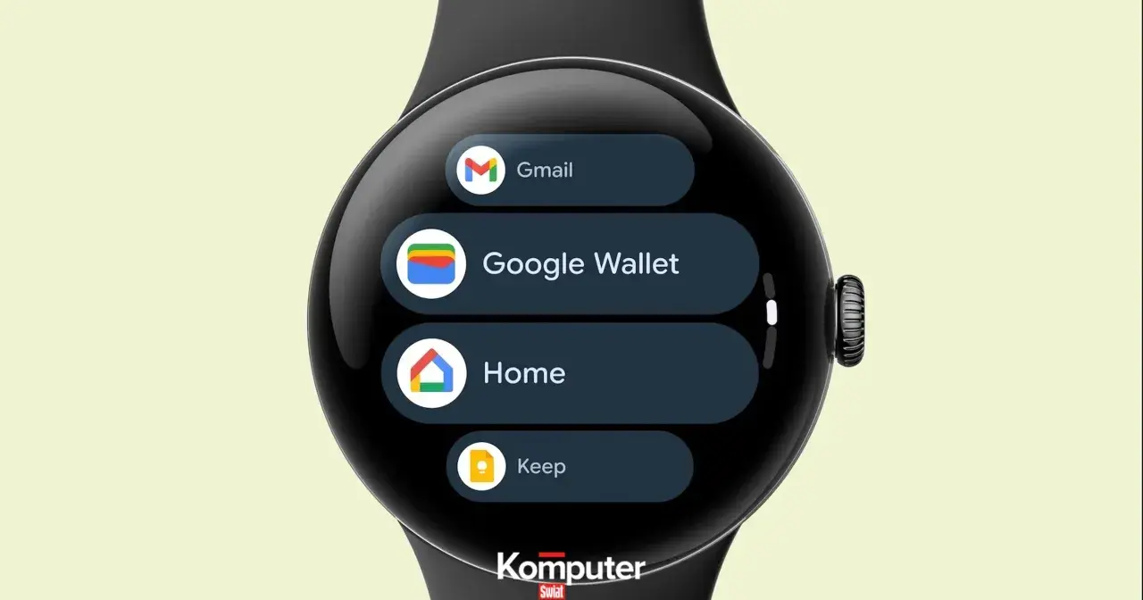 Zegarek z Wear OS pokazuje menu z aplikacjami: Gmail, Google Wallet, Home i Keep.